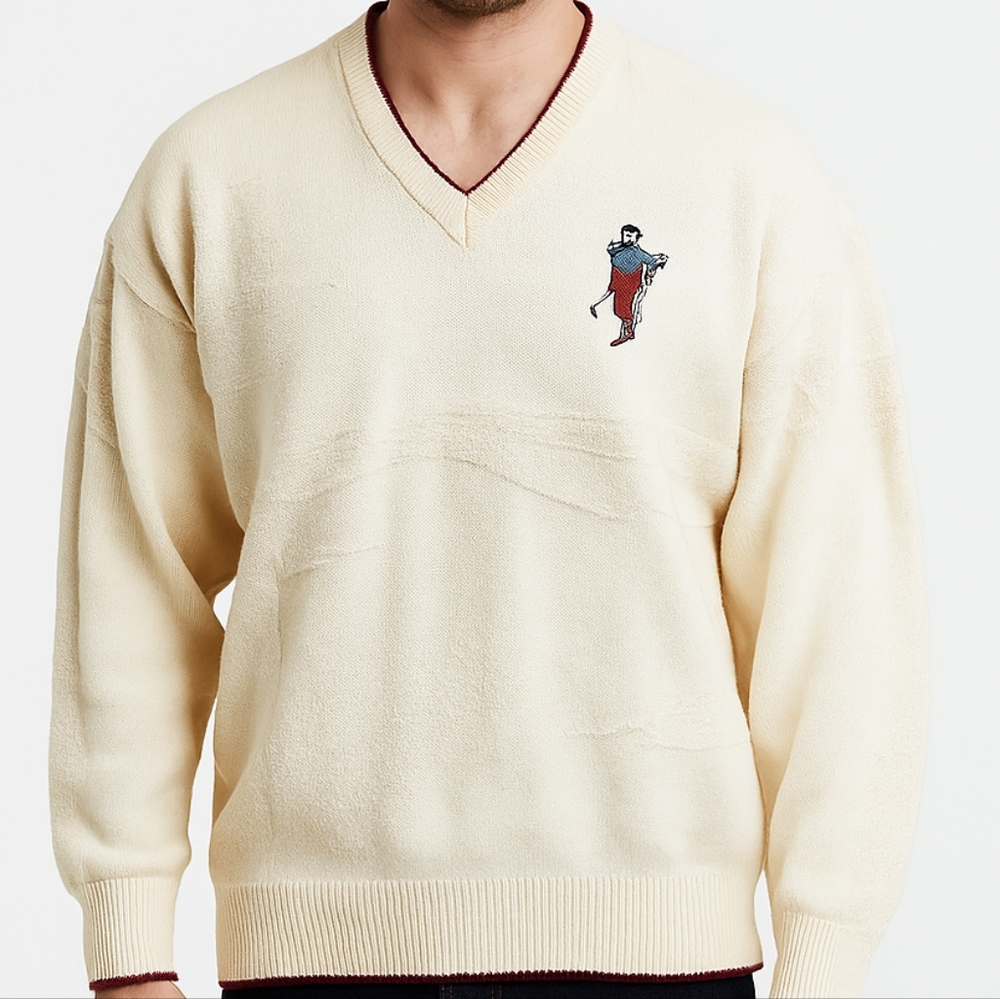 Isle Of Cotton VTG Cream V-Neck Golf Embroidered XL Textured Sports Old Money